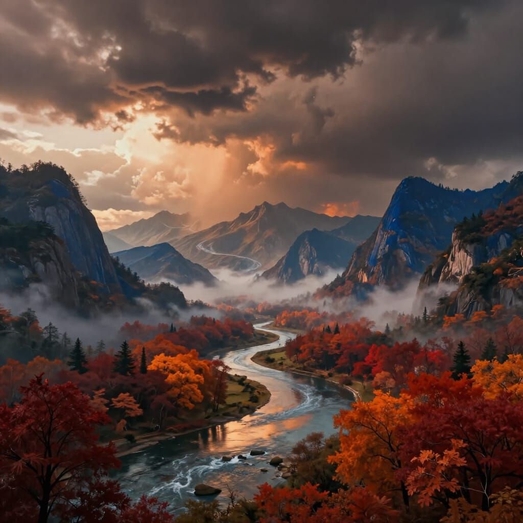 Dramatic Mountain Landscape with Reflecting River in Matte P...