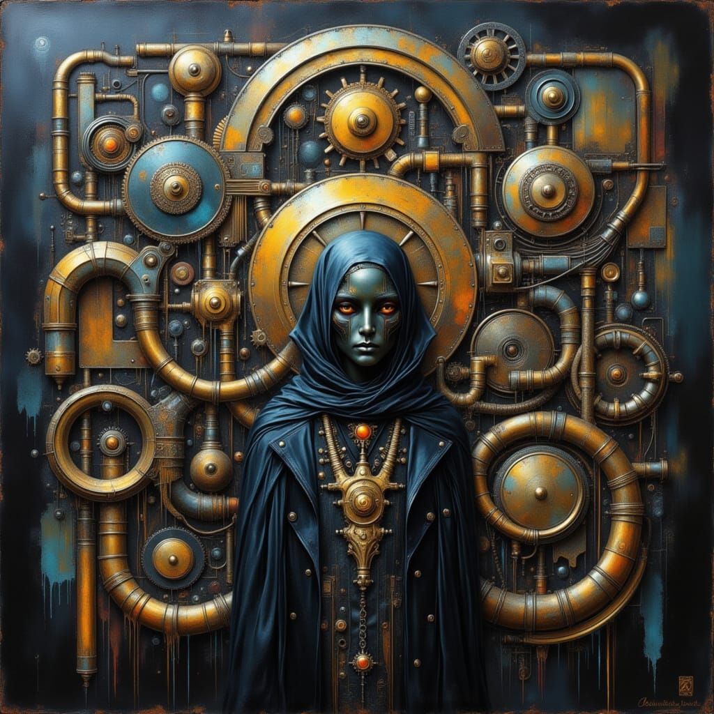 <lora:Black Canvas:1.0> <lora:Archetypal Images:1.0> <lora:Earth and enamel:1.0> A Steampunk Baron Samedi. Impasto Steam...