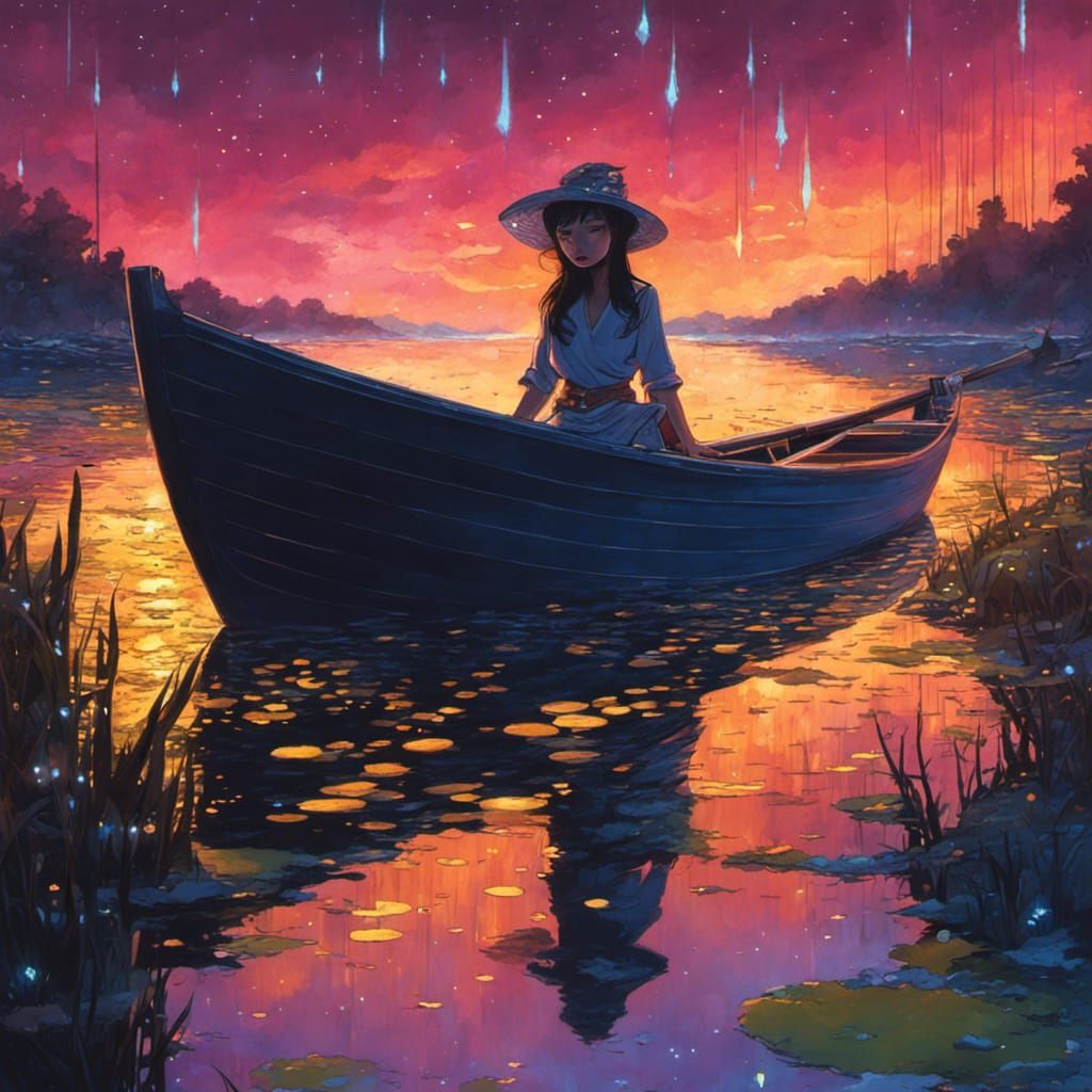 Girl in Boat on Lagoon at Night