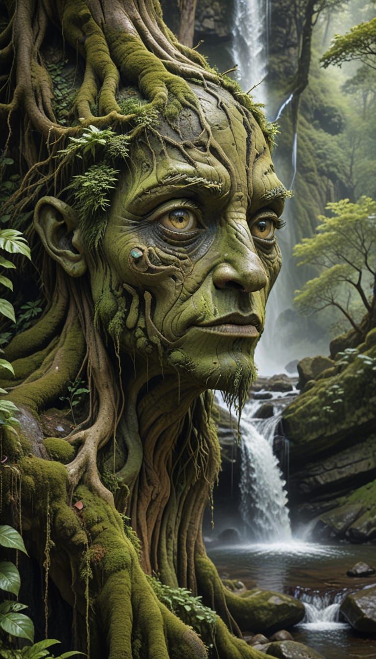 Mystical Forest Spirit with Mossy, Weathered Skin