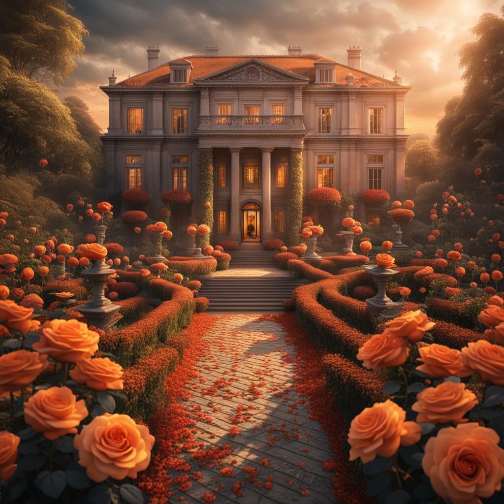 Orange Rose Garden Around a Mansion: Digital Painting