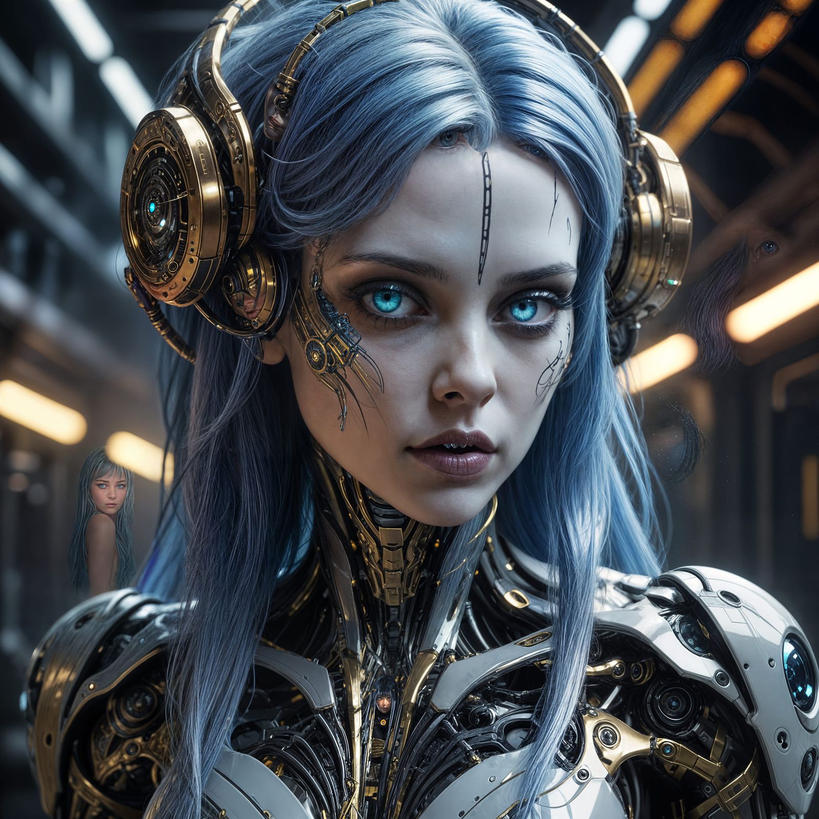 Robotic Cyborg Woman with Glowing Hair in Starship Bay
