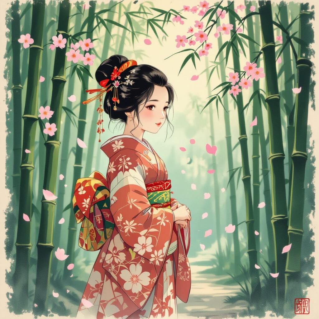 Ukiyo-e Style Japanese Girl in Bamboo Forest