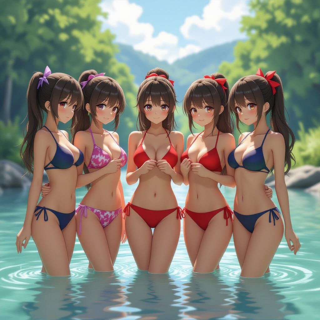 Anime Style Cheerleaders Skinny Dipping in River