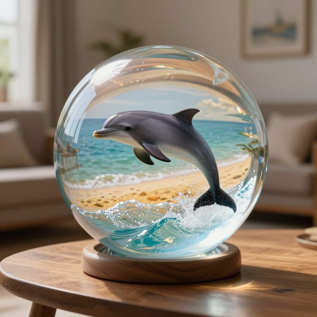 Crystal Ball Reveals Dolphin Leaping Over Waves