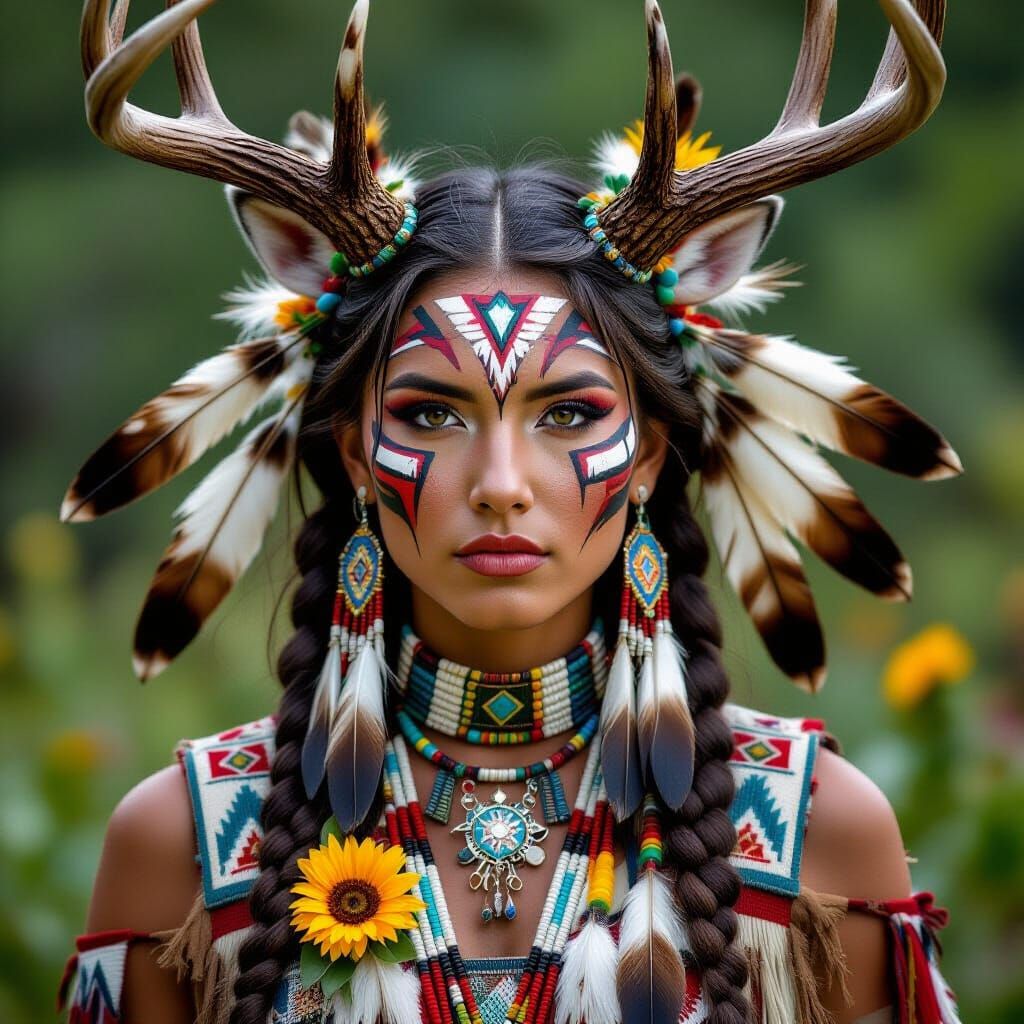 Native American Deer Woman with Painted Face and Floral Antl...