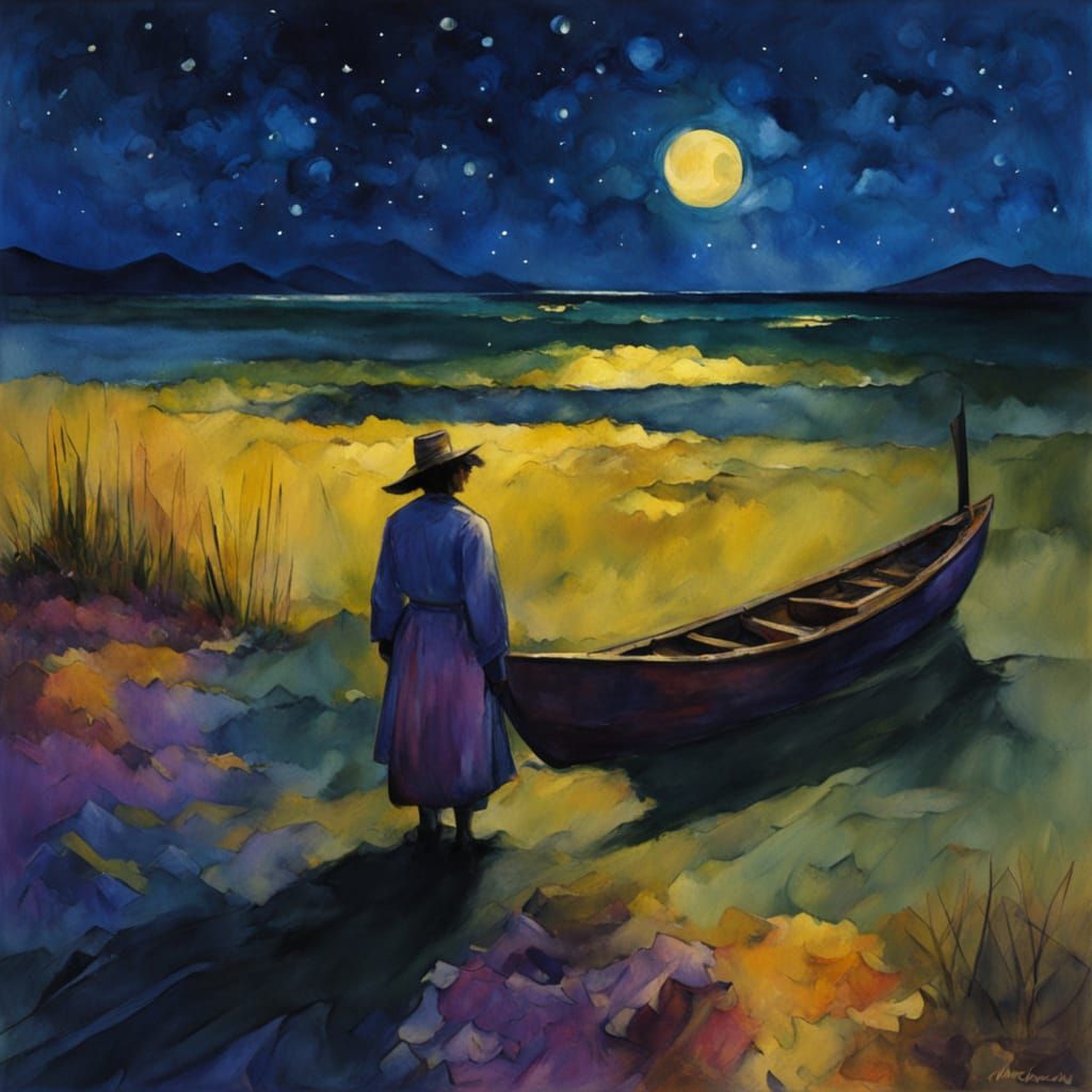 Moonlit Sailboat Under Starry Sky in Gauguin Style