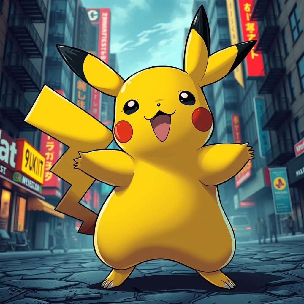 Pikachu in Urban Cityscape: Comic Book Style