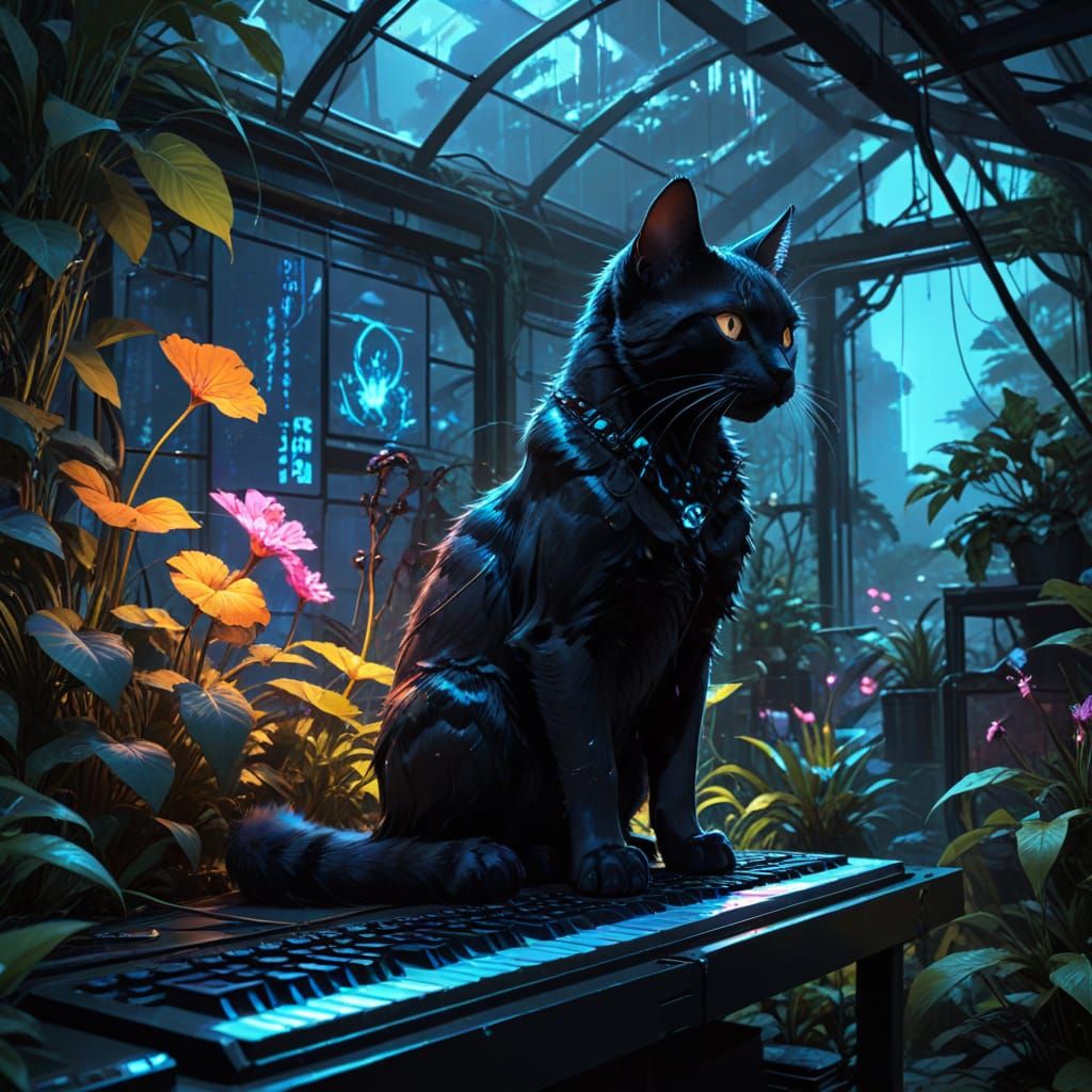 Cyberpunk Cat in Clockwork Greenhouse: Bioluminescent Fantas...