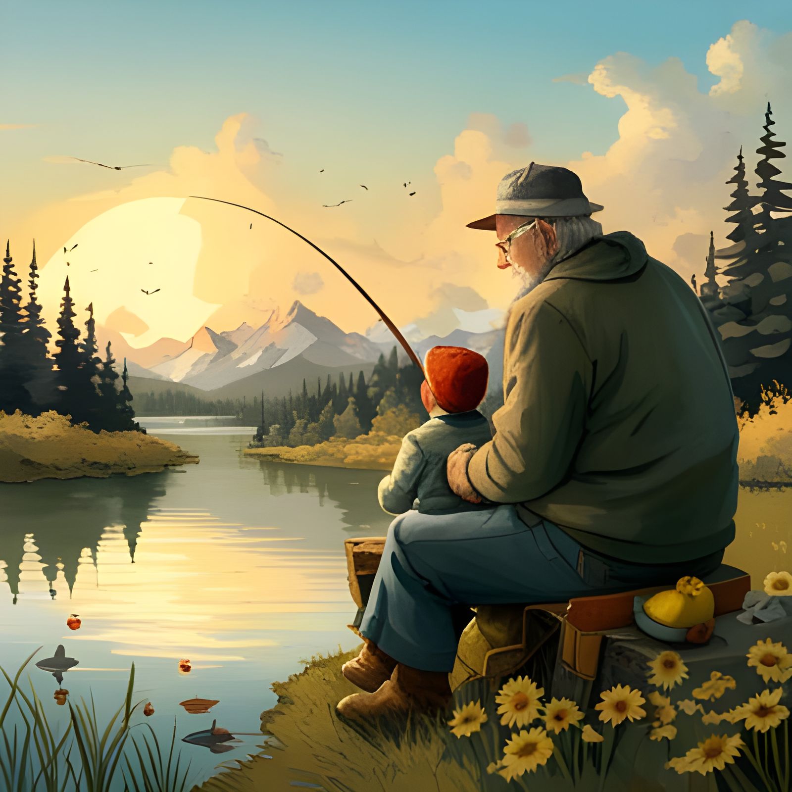 Grandpa teaching his grandson how to fish