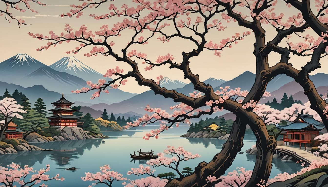 Sakura Tree in Ukiyo-e Style
