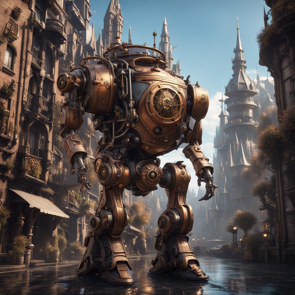 Aetherpunk Mech Suit in Grand Fantasy Cityscape