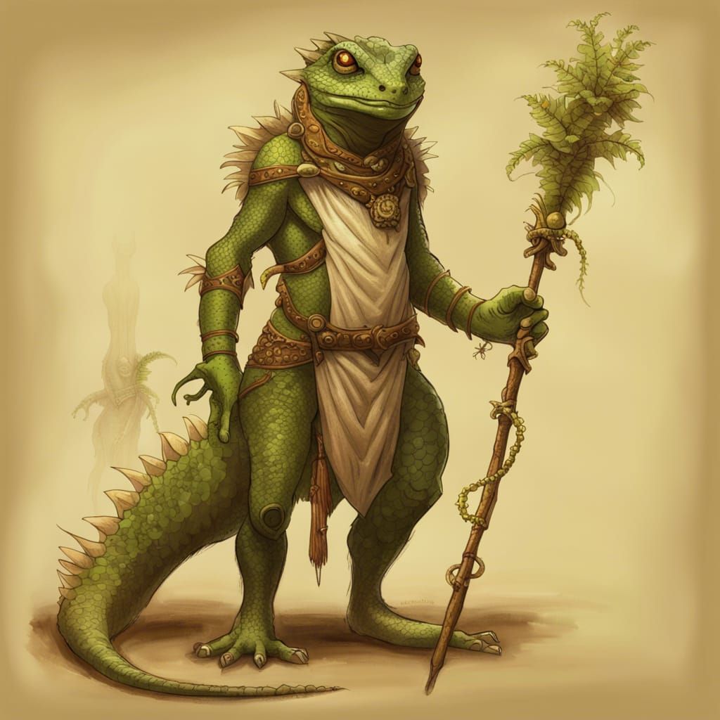 Lizardman Druid with Gecko Features and Fungal Staff