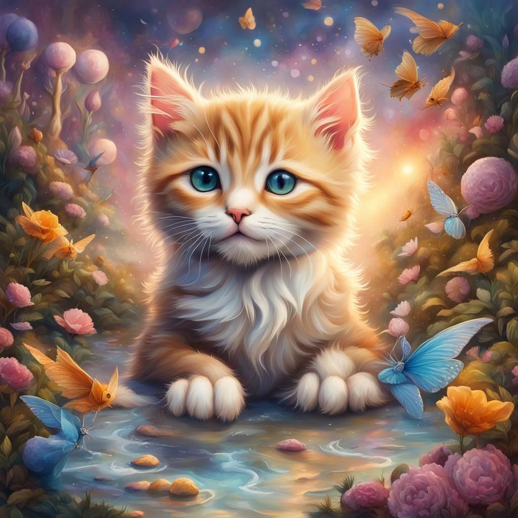 Fairy tales: A whimsical, dreamy image of a cute Kitten surrounded by elements inspired by fairy tales, such as magical ...