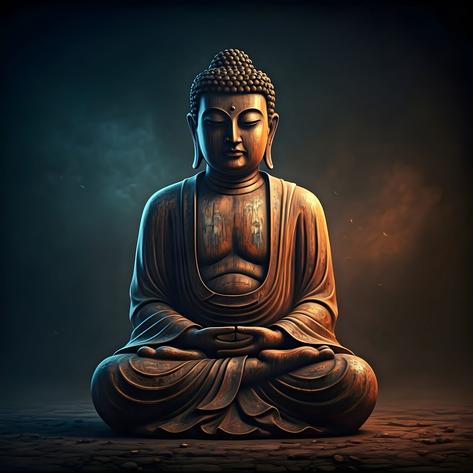 Ancient, Wooden Zen Buddhist Statue in Dramatic, High-Contra...