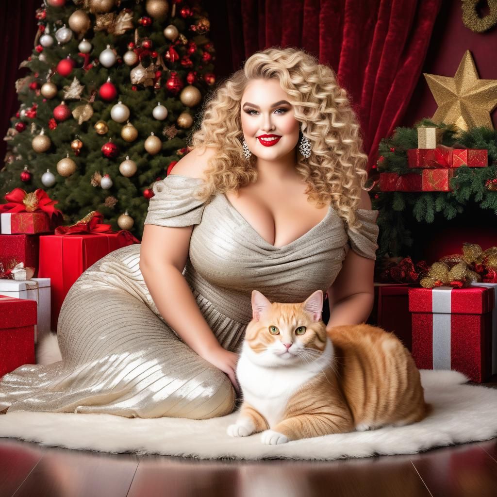 Curvy Woman with Kitten in Christmas Setting