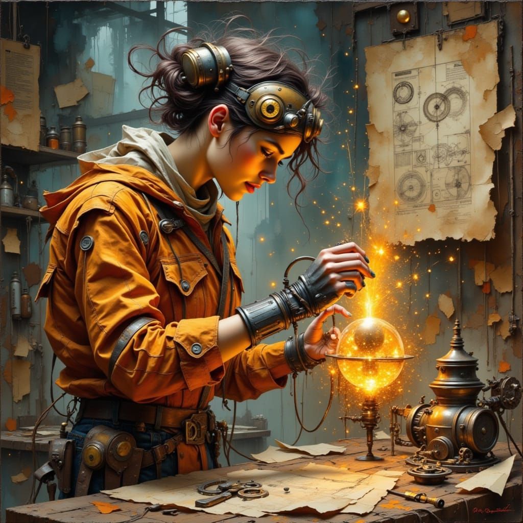 Steampunk Gadgeteer in a Dynamic Oil Painting