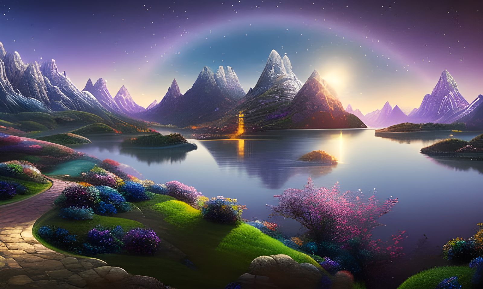 Iridescent Fantasy Landscape Under Cosmic Sky