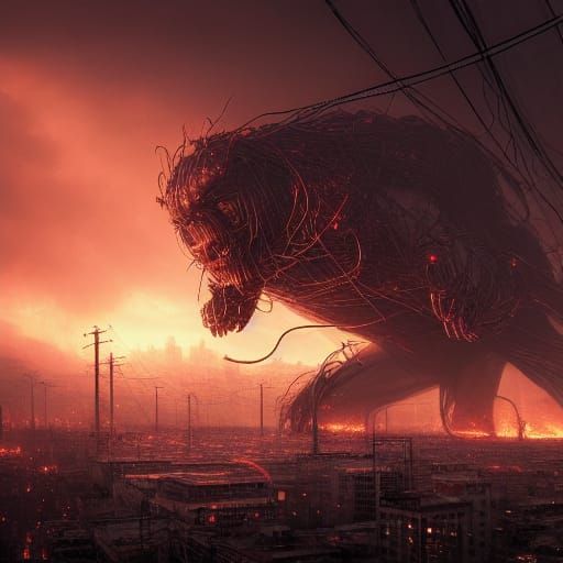 Hyperdetailed Wire Monster in Burning City