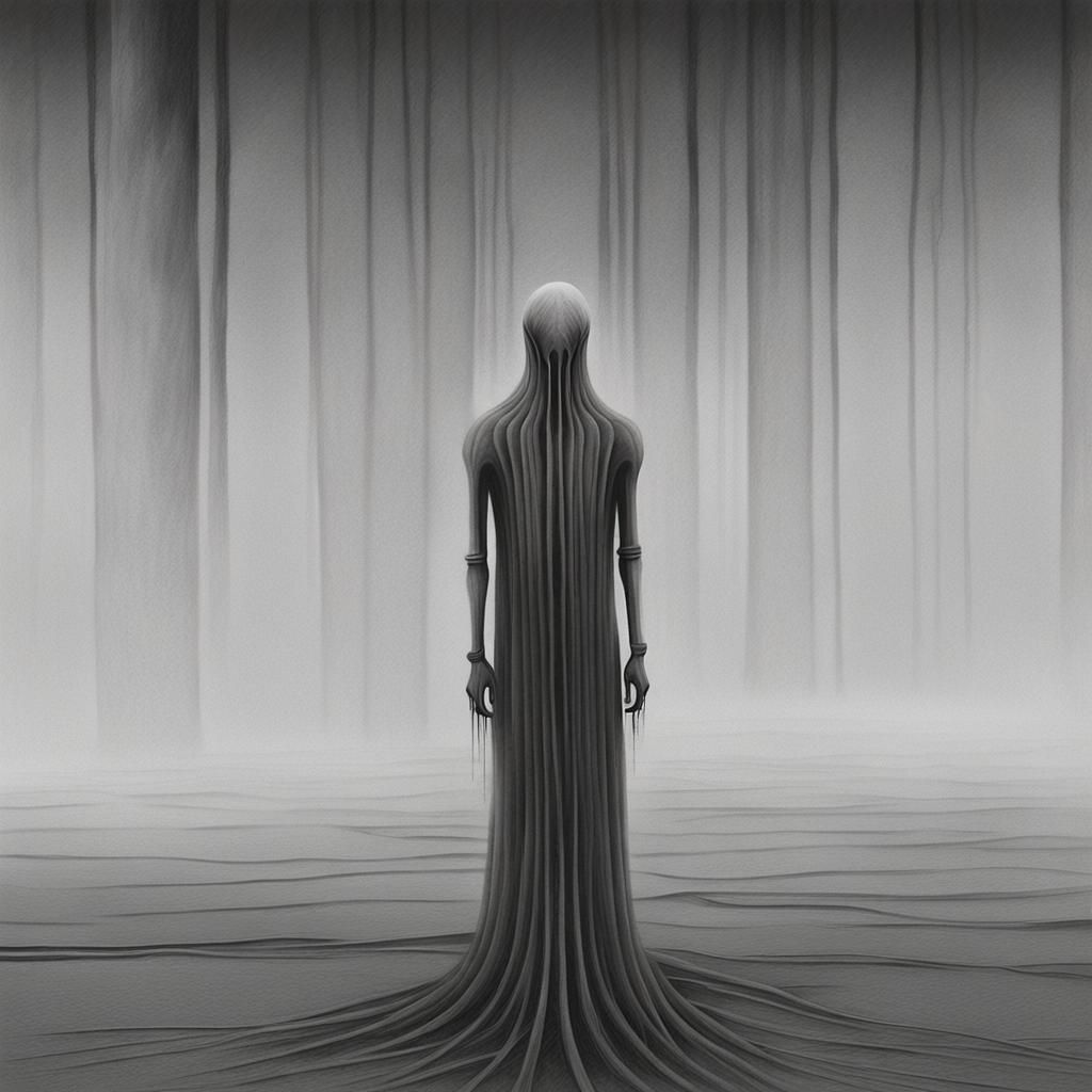 Eerie Grayscale Figure in Surrealist Landscape