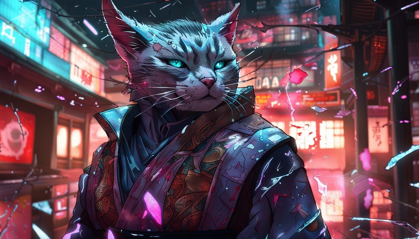 Tabaxi-Geisha in Cracked Neon Tokyo, Digital Art