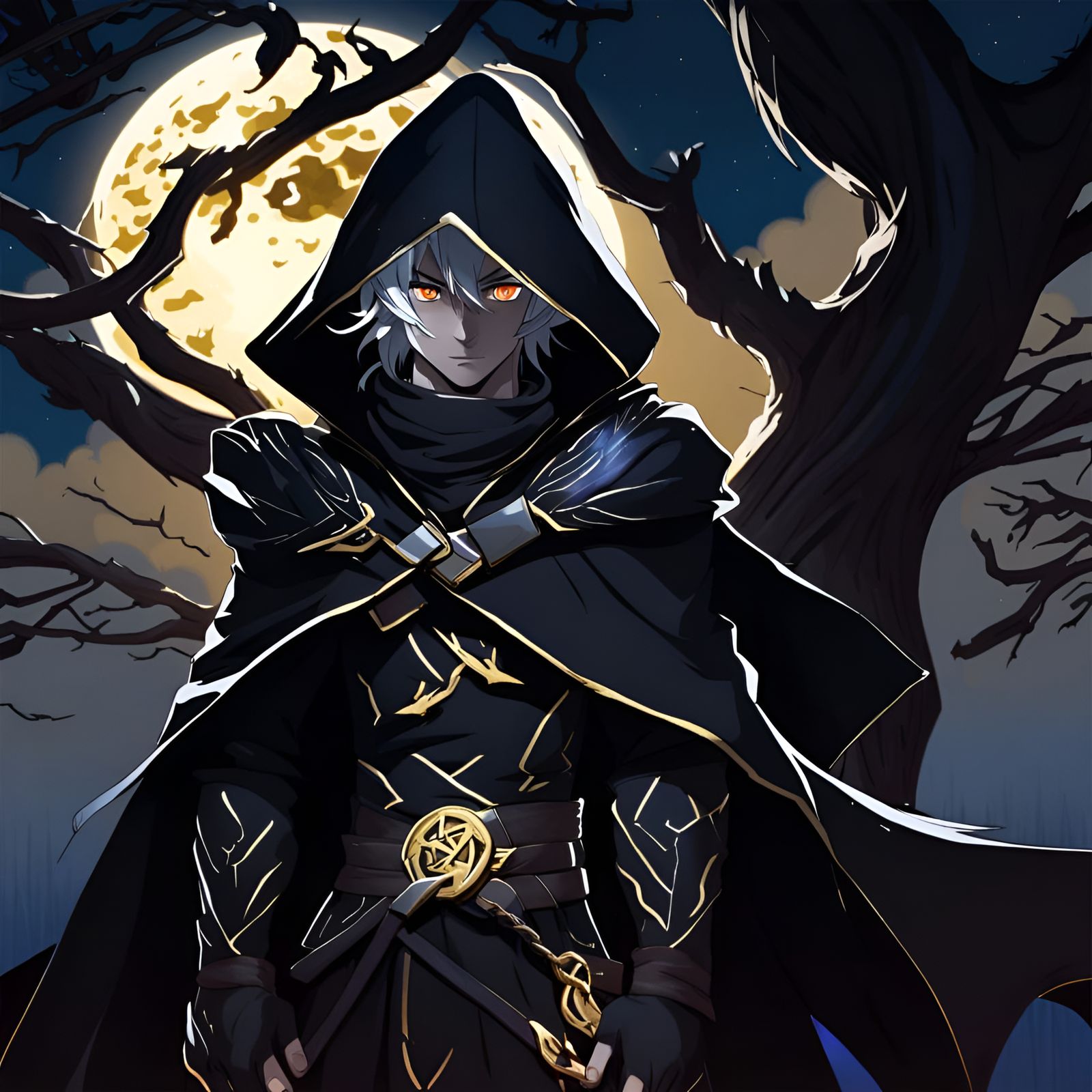 Anime Assassin Crouching in Moonlight