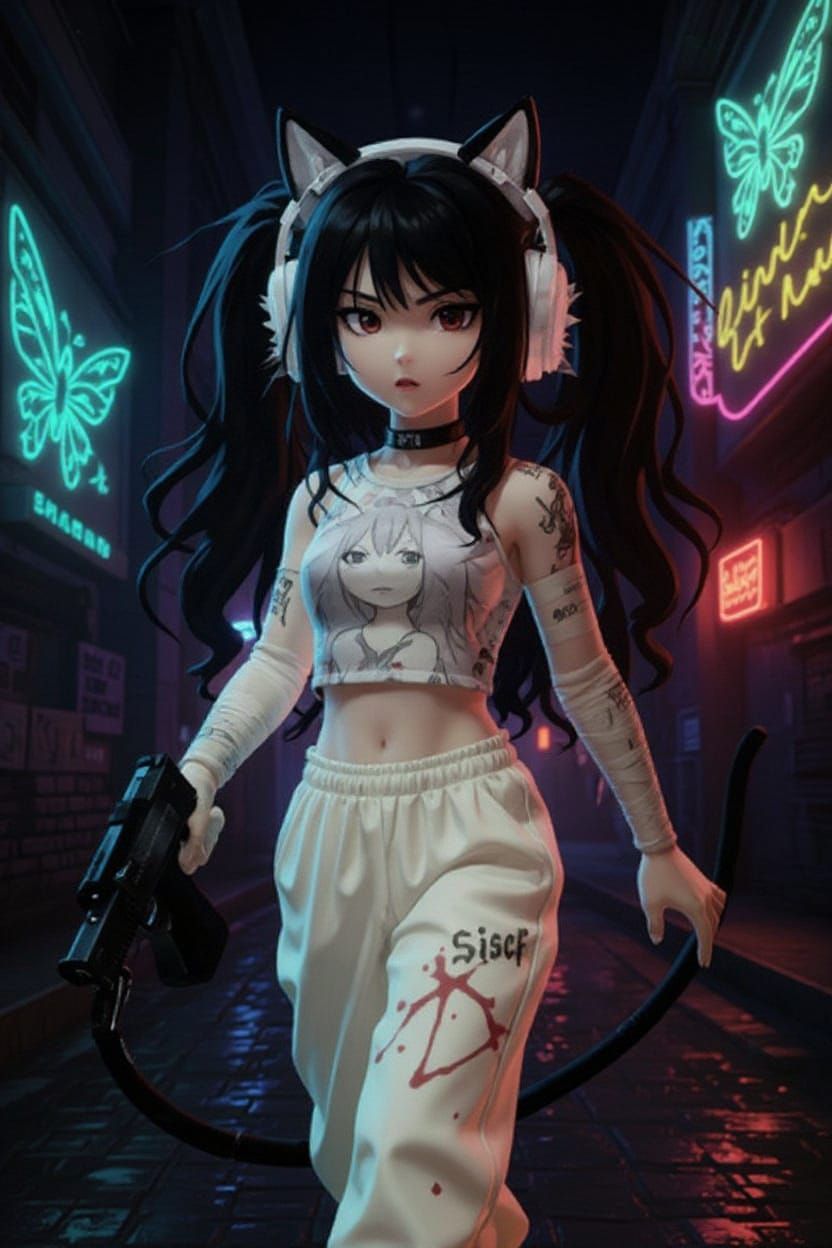 Fierce Woman in Neon Alleyway with Paint Gun