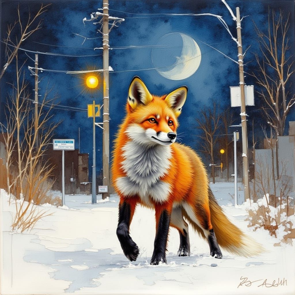 urban fox wandering on a December night