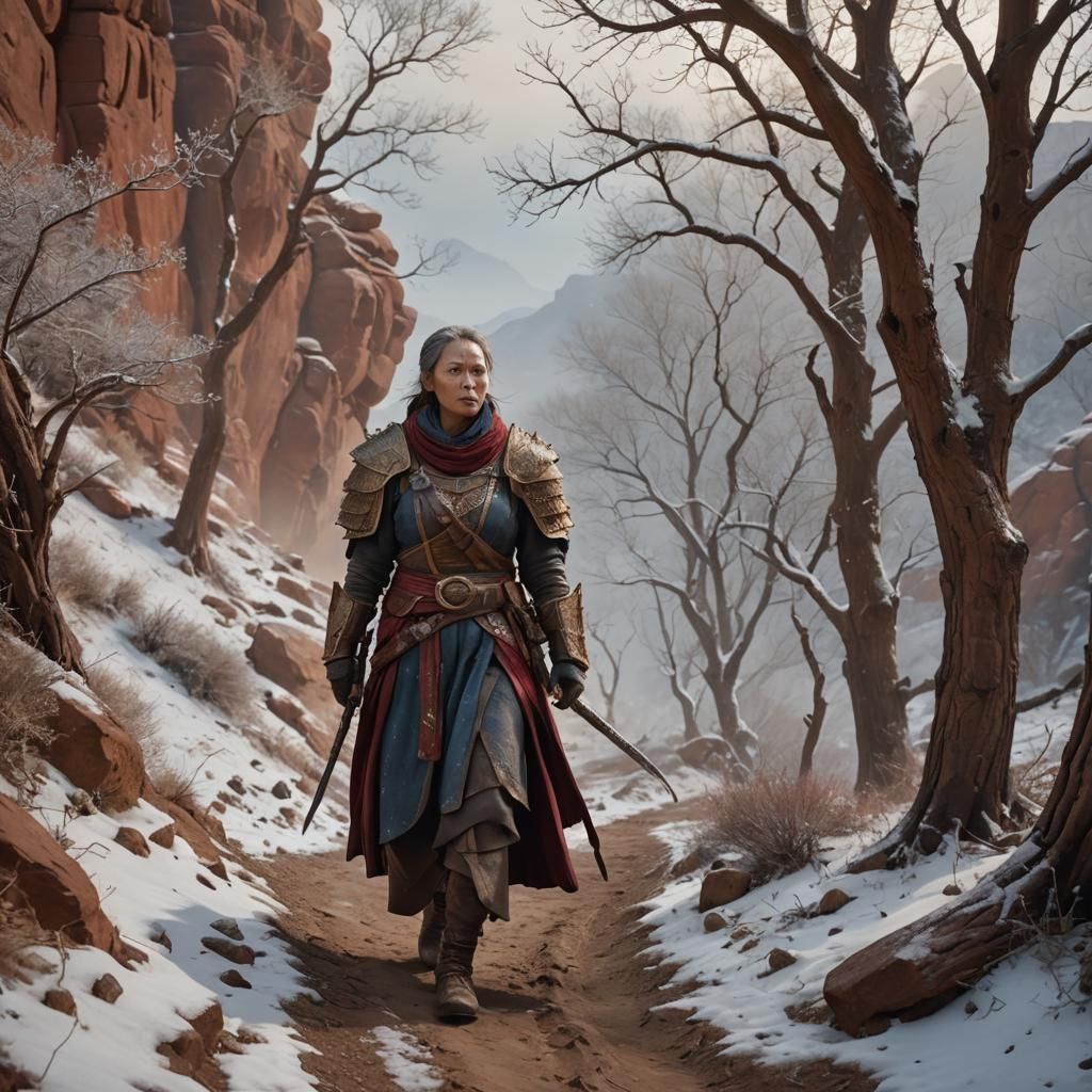 Warrior Monk on Snowy Mountain Path: Matte Painting