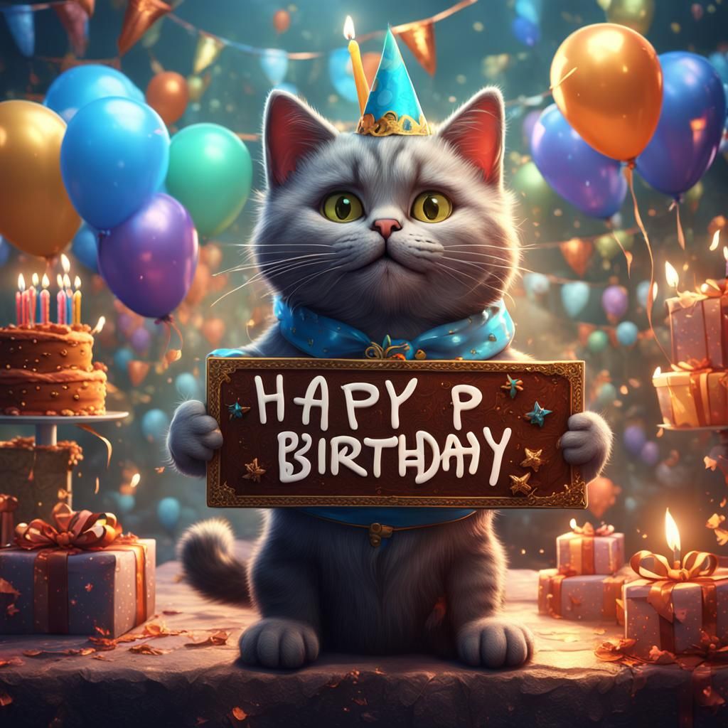 Cat with Birthday Sign: Fantasy Concept Art