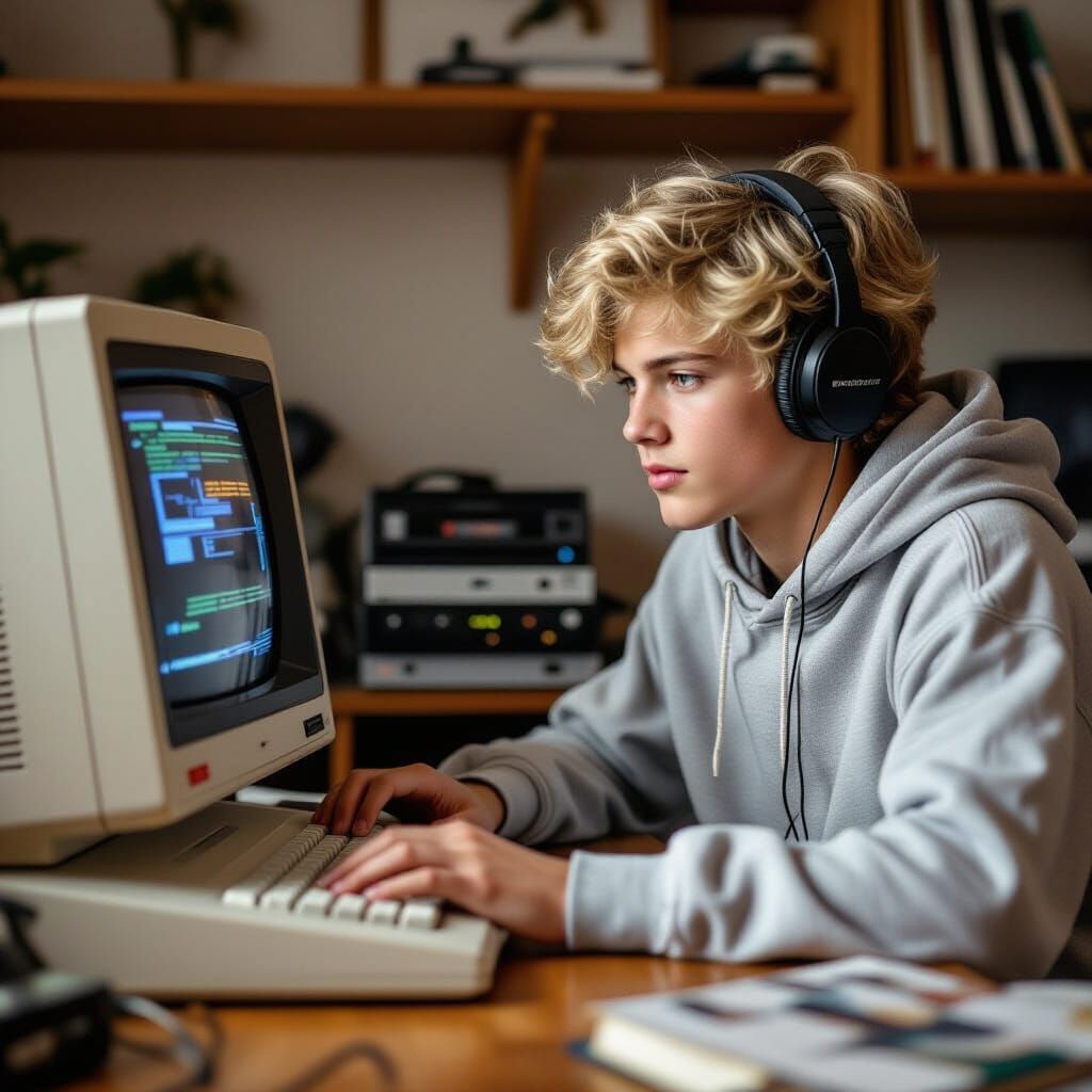 Teenager Hacking on Commodore 64 in 1980s Bedroom