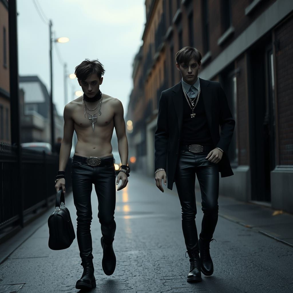 Goth Boys Stroll Down Rainy Street in Cyberpunk Style