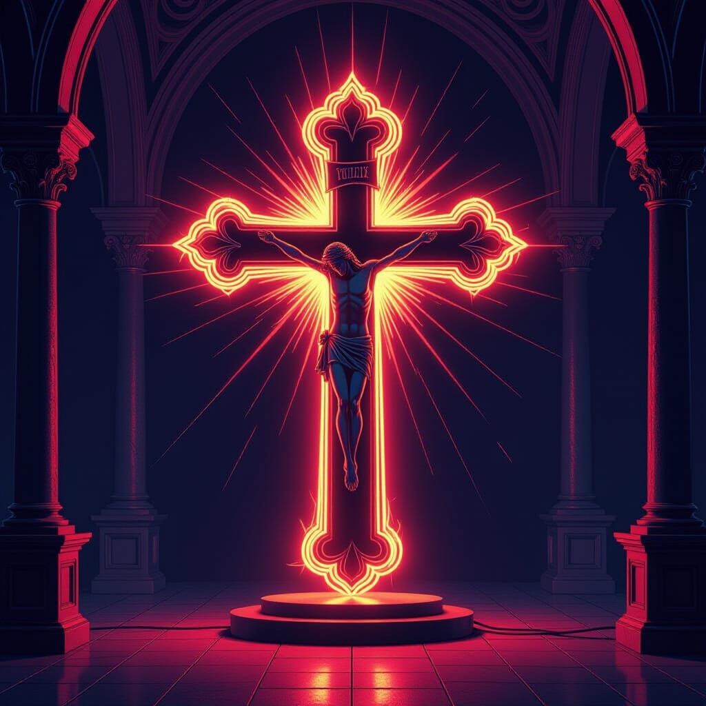 Neon Christian Cross with Ethereal Glow