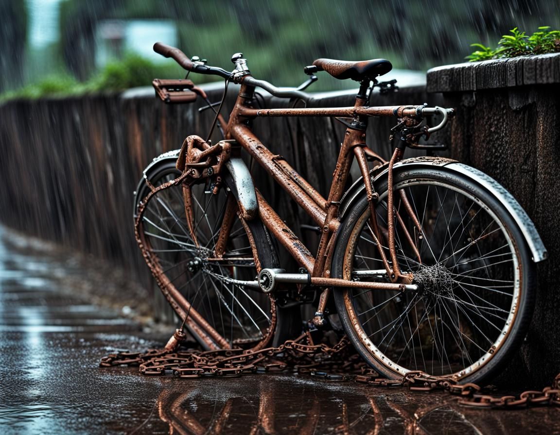 Hyperrealistic Bicycles in Rain: Atmospheric HDR Image
