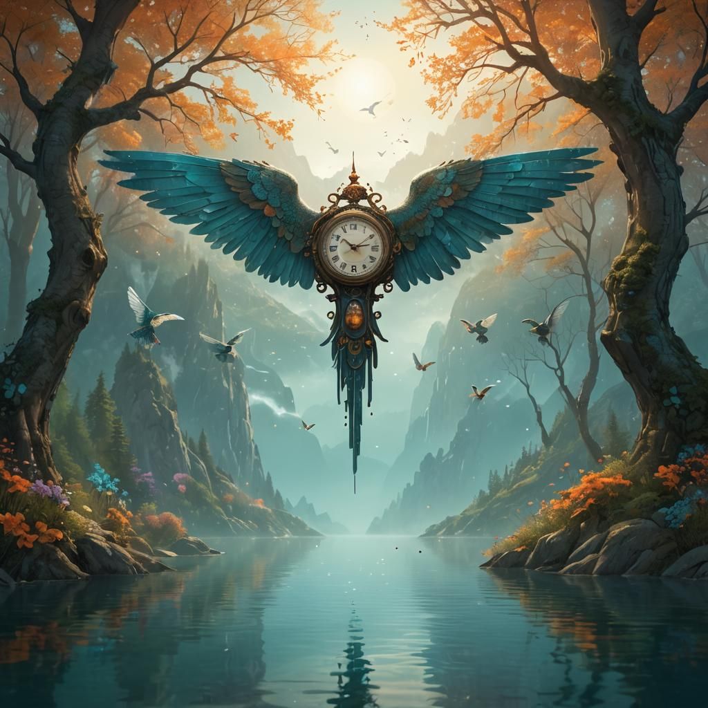 Winged Clocks Soar in Whimsical Fantasy Landscape