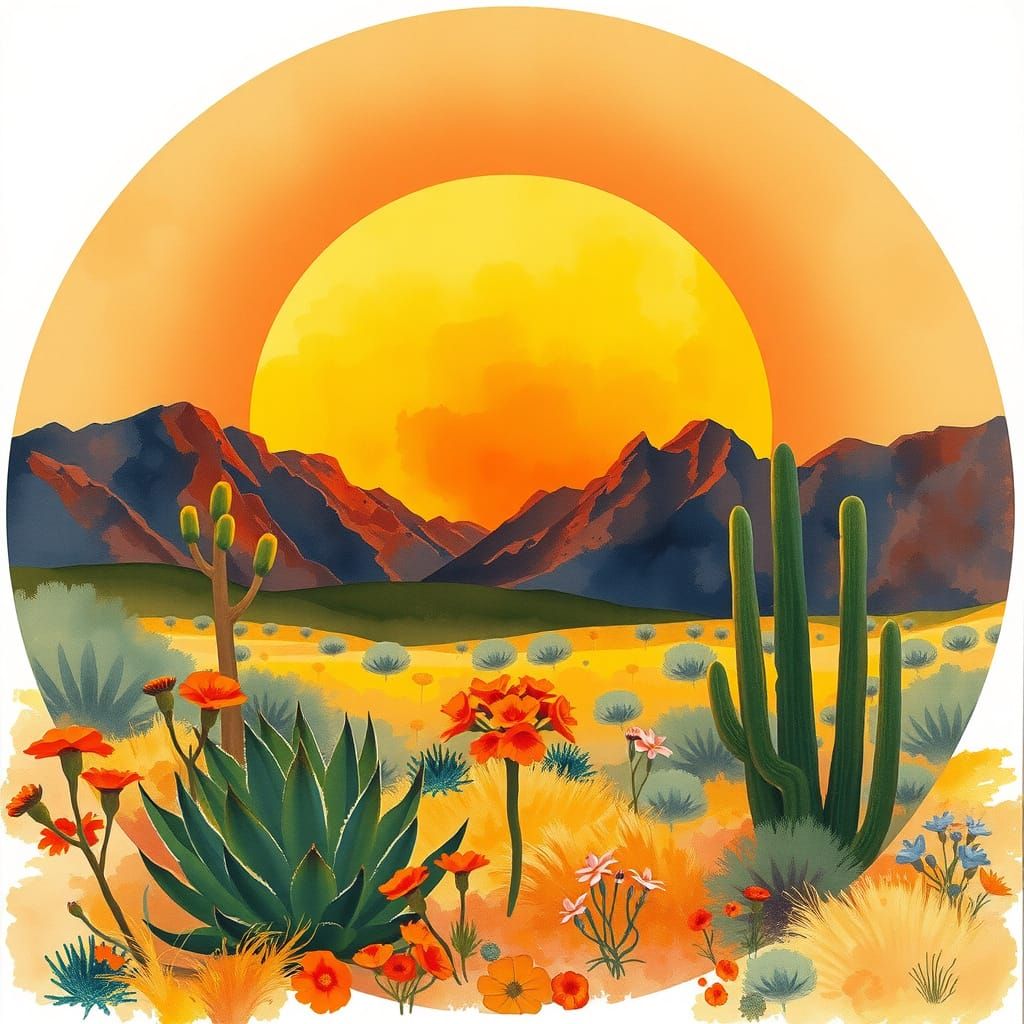 Desert Landscape in Golden Light, Watercolor Brushstrokes