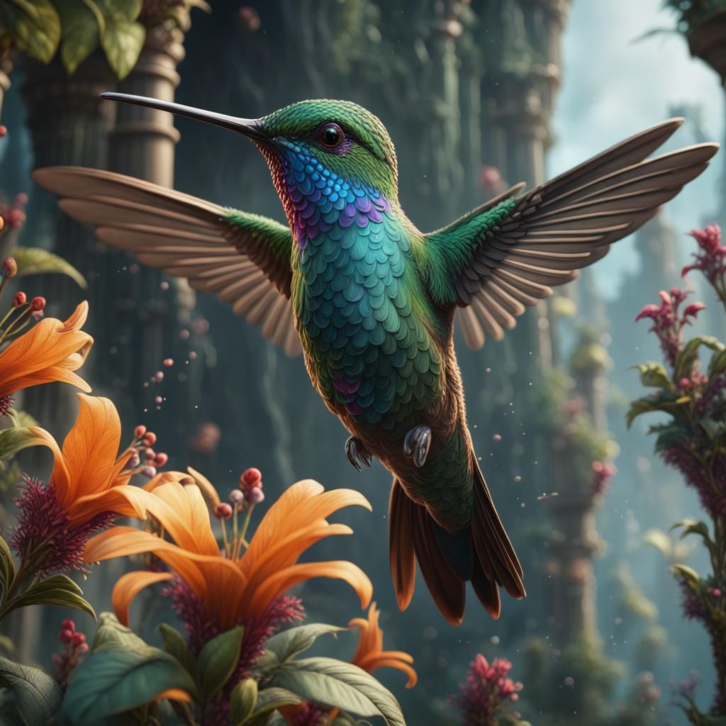 Hummingbird in Detailed Matte Painting Style