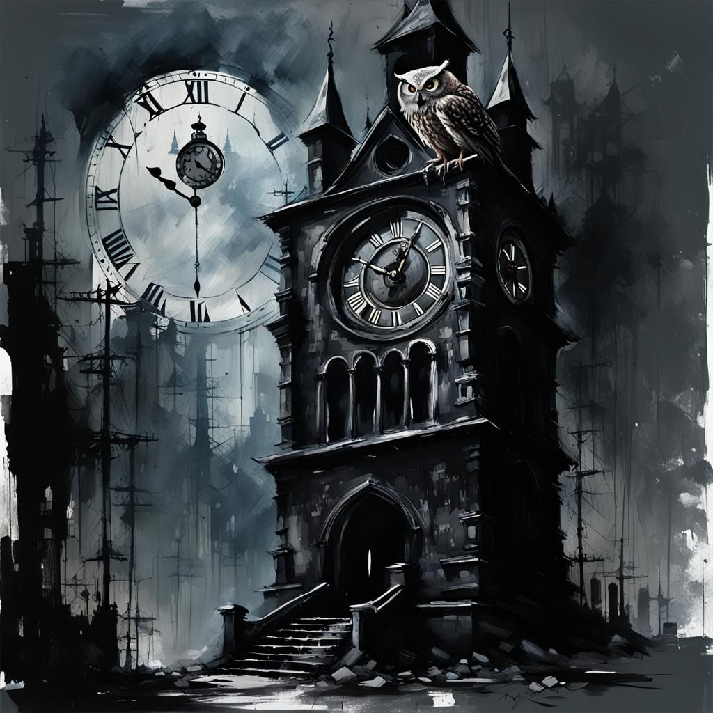 Gothic Tower with Owl in Dark Oil Style