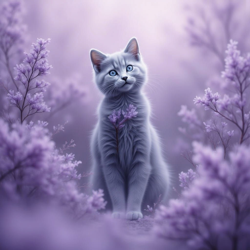 Ethereal Gray Cat in Lavender Mist