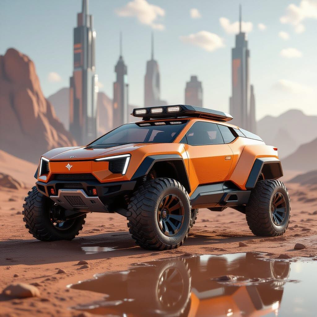 Rugged Sci-Fi Mars Rover in Futuristic Cityscape