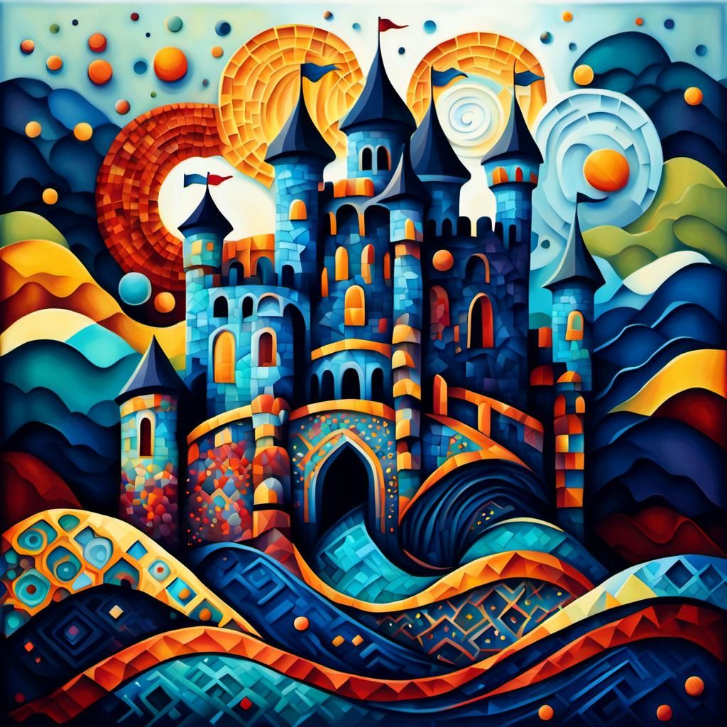 Mosaic Castle Landscape in Geometric Acrylic Style