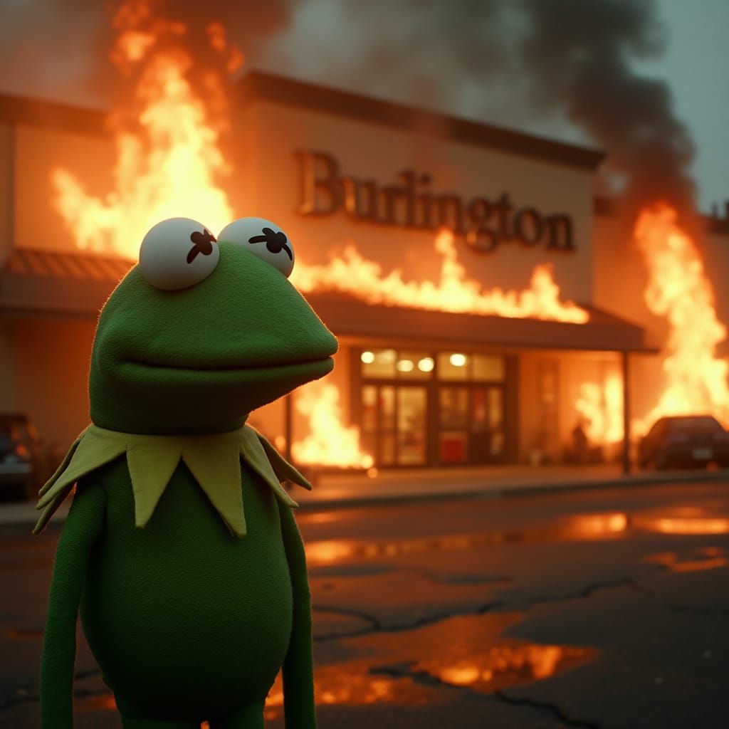 Pepe the Frog Observes Burning Store: Cinematic Film Still