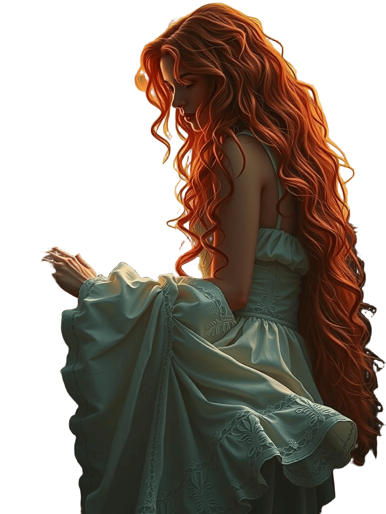 Ethereal Redhead Enchantress in Lush Forest Landscape