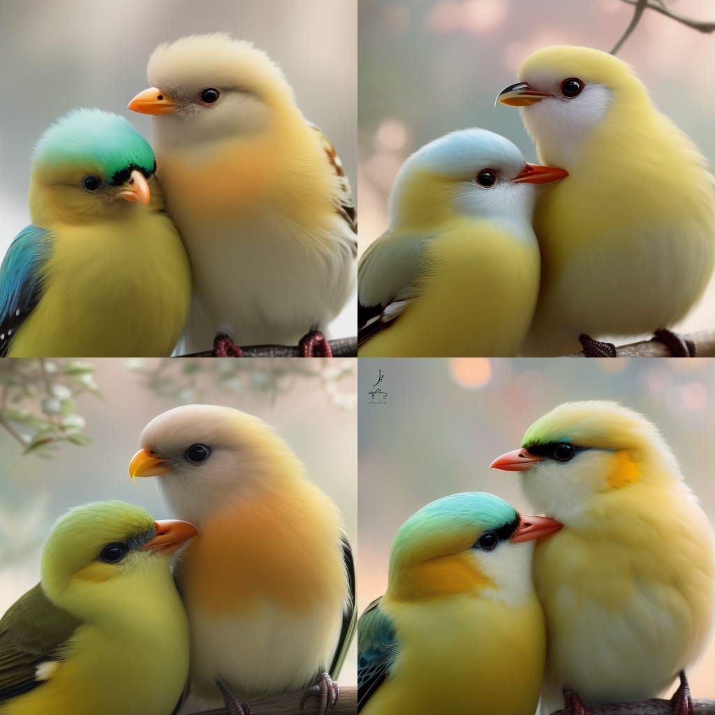 Snuggling Birds: 3D Render in Detailed Matte Painting Style