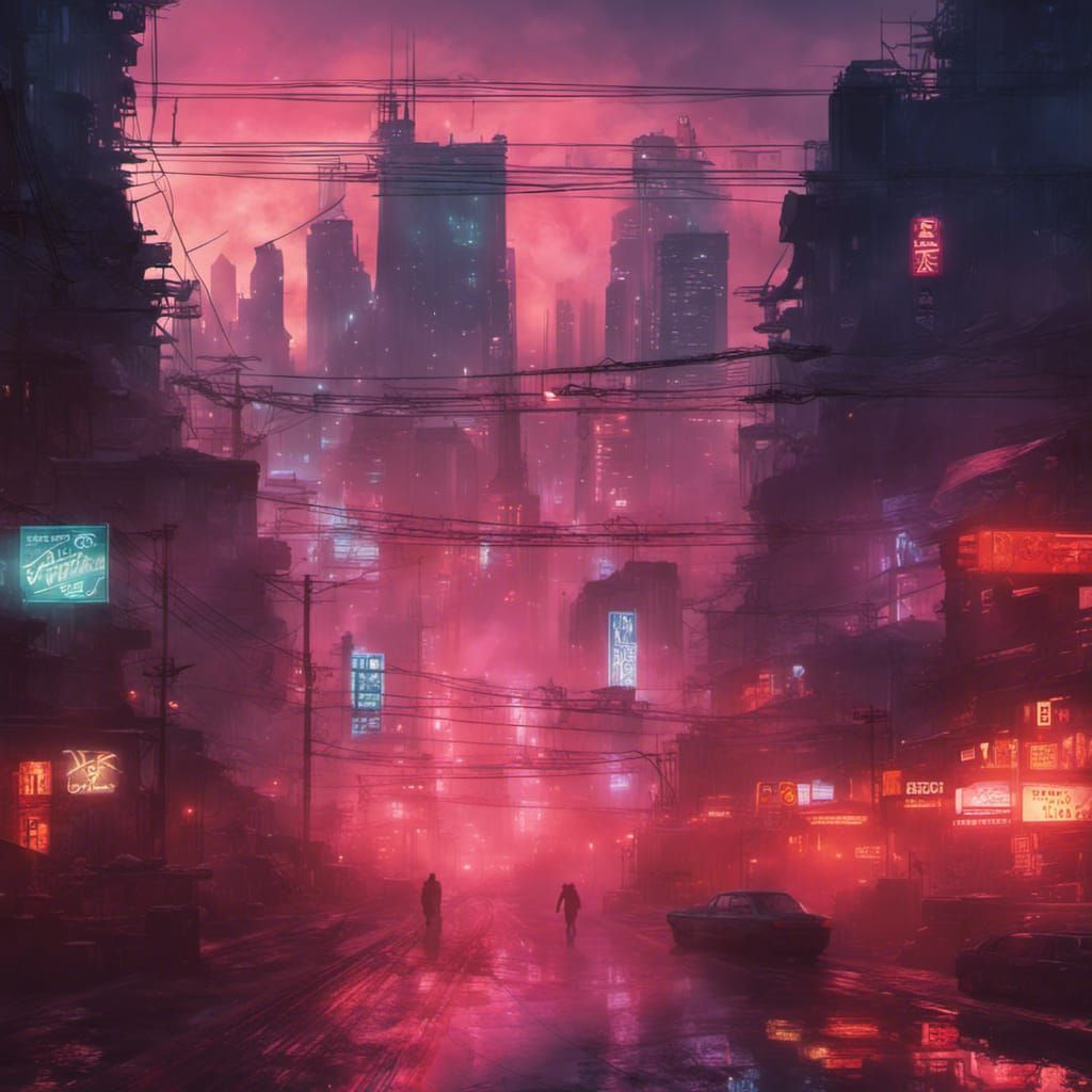 Neon Lit Futuristic Cityscape in Watercolor Style