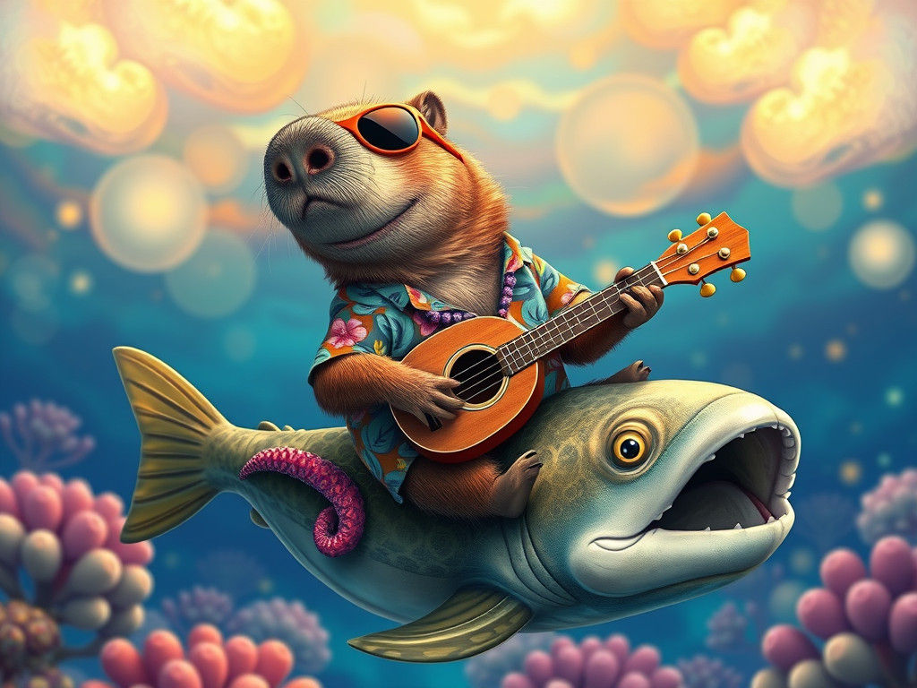 Capybara Ukulele Ocean Adventure in Miyazaki Style