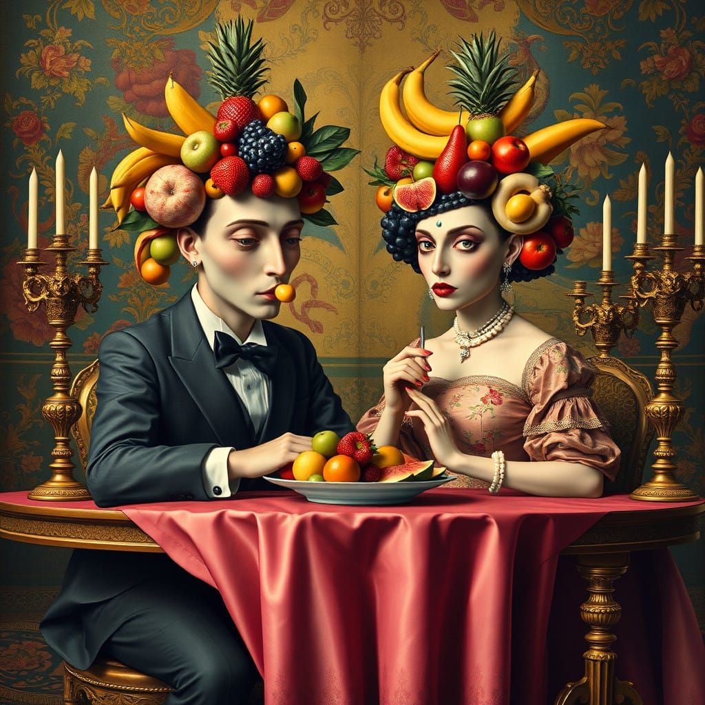 Elegant Whimsical Couple in Vibrant Tapestry Surrounds