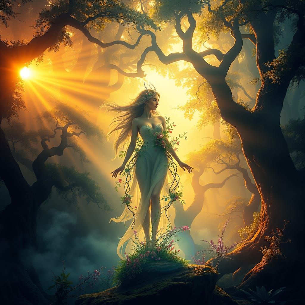 Spirit of Nature in Ancient Forest at Dawn