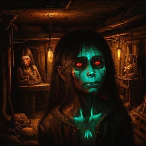 Glowing Hominids in Basement: A Sinister Oil Painting