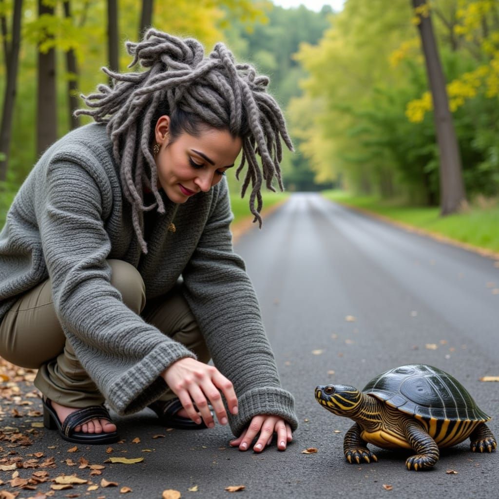 Woman with Wool Dreadlocks Rescues Turtle